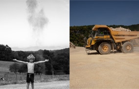 Geroges jette du sable - un camion transporte des cailloux